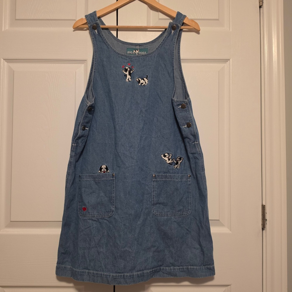 Vintage Big Dogs Embroidered Dog Denim Jumper Pinafore Dress Blue Large